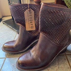 Bed Stu Countess Brown Perforated Leather Wedge Ankle Boots Size 10